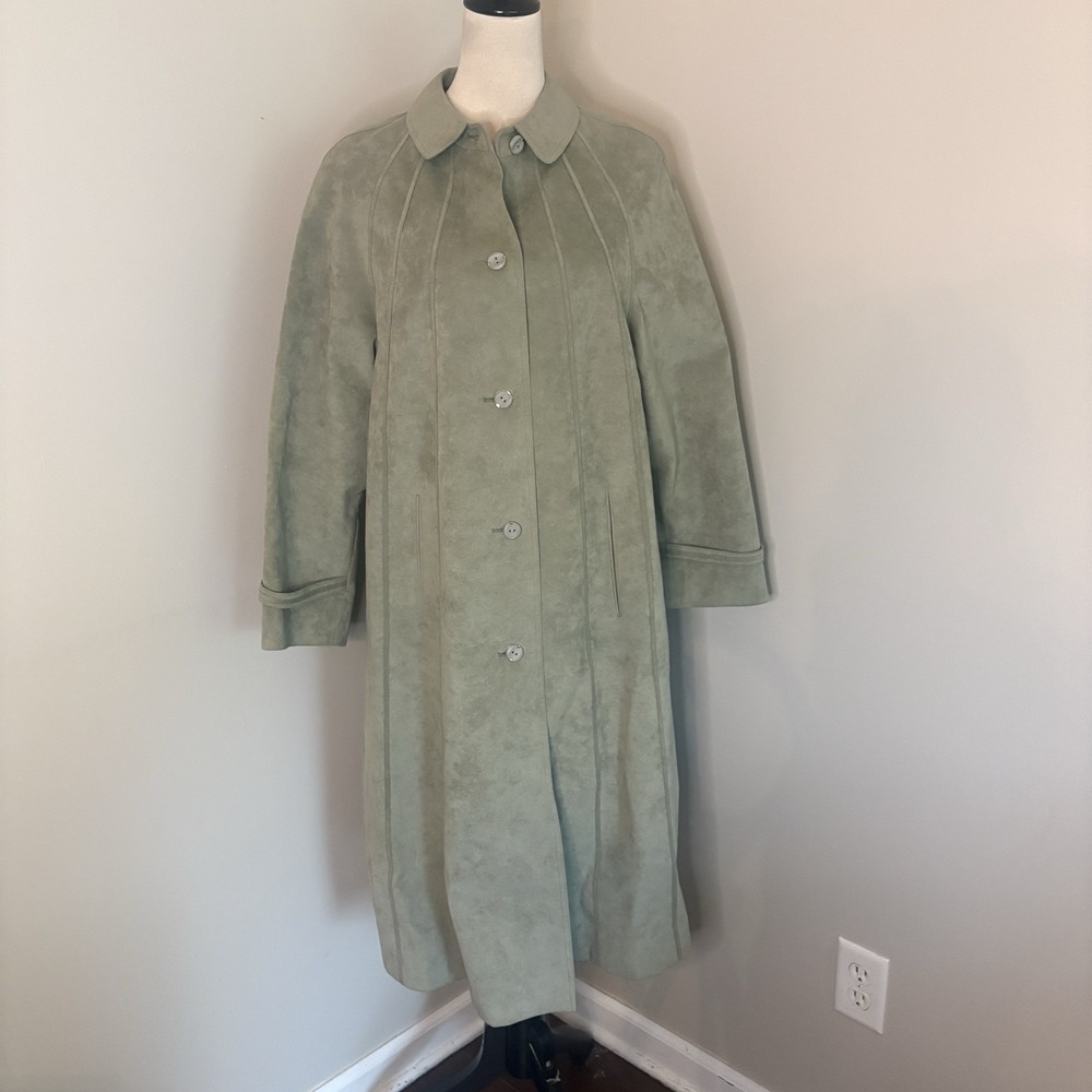 VTG 70s Baronia Alcantara Trench Coat West Germany Sage Green Duster 38 US 8